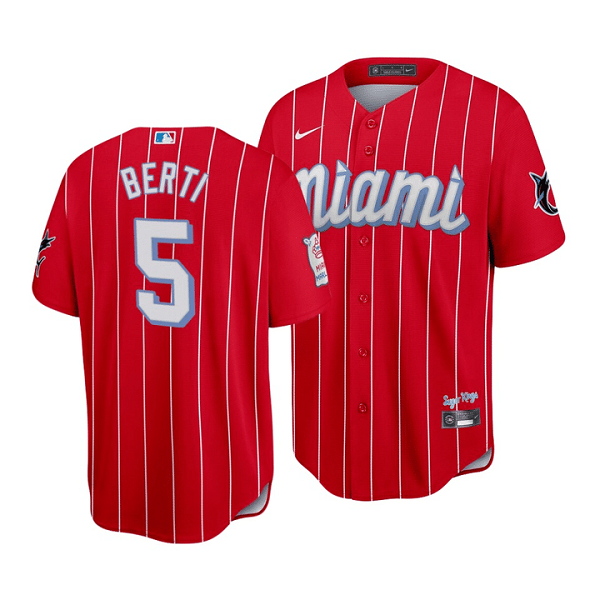 Men's Miami Marlins #5 Jon Berti 2021 Red City Connect Cool Base Stitched Jersey